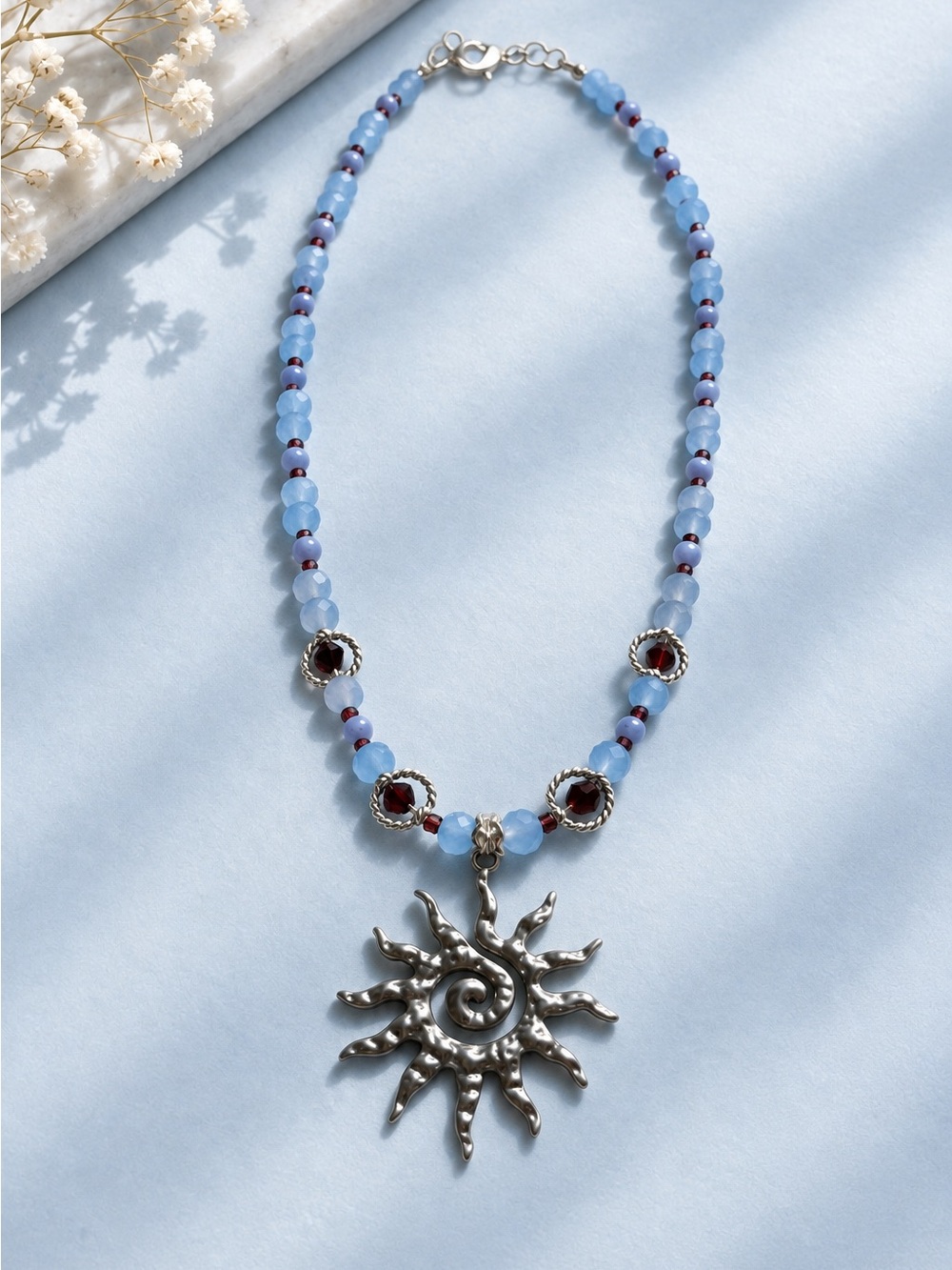 Silver Sunburst Pendant Necklace with Glass Beads, Agate beads and Garnet beads